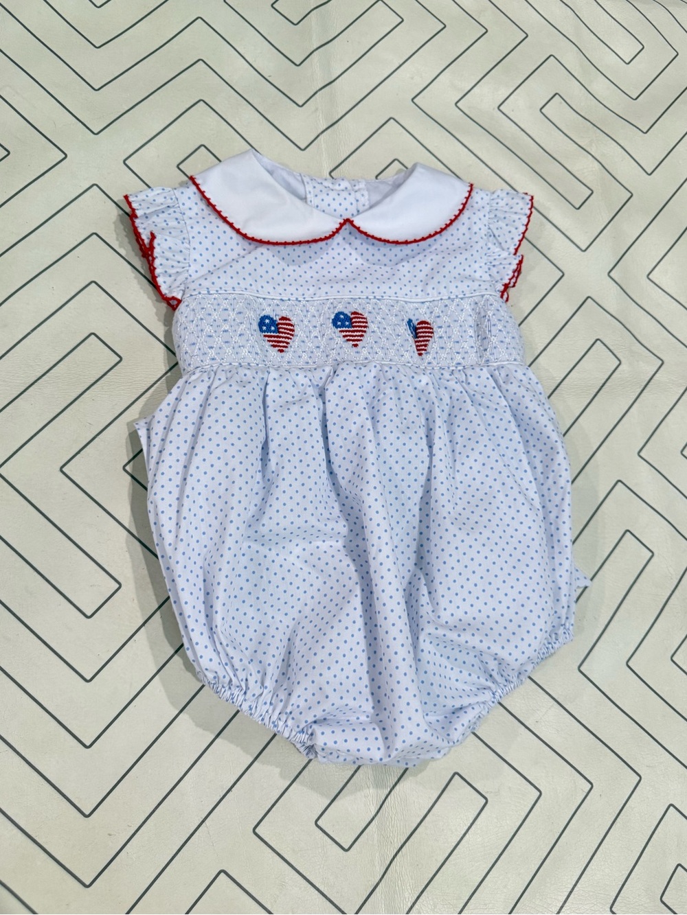Southern Smocked Co Spotted American Flag Heart Bubble Outfit